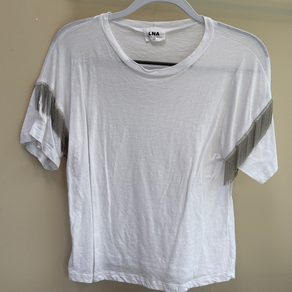 LNA White Tee with Metallic Fringe